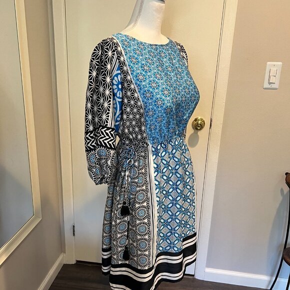 LOFT Blue & Black Ocean Mosaic Tassel Tie Midi Dress, Size Small - Picture 8 of 16